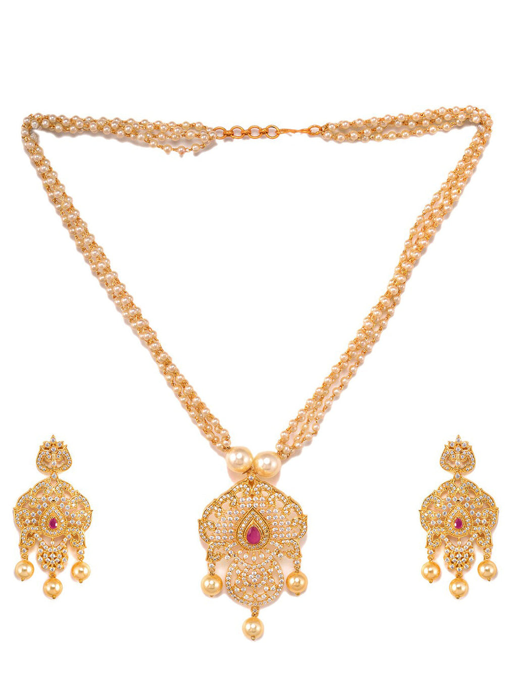 Saraf RS Jewellery Gold-Polished White & Magenta American Diamond Studded Jewellery Set | Grocsy