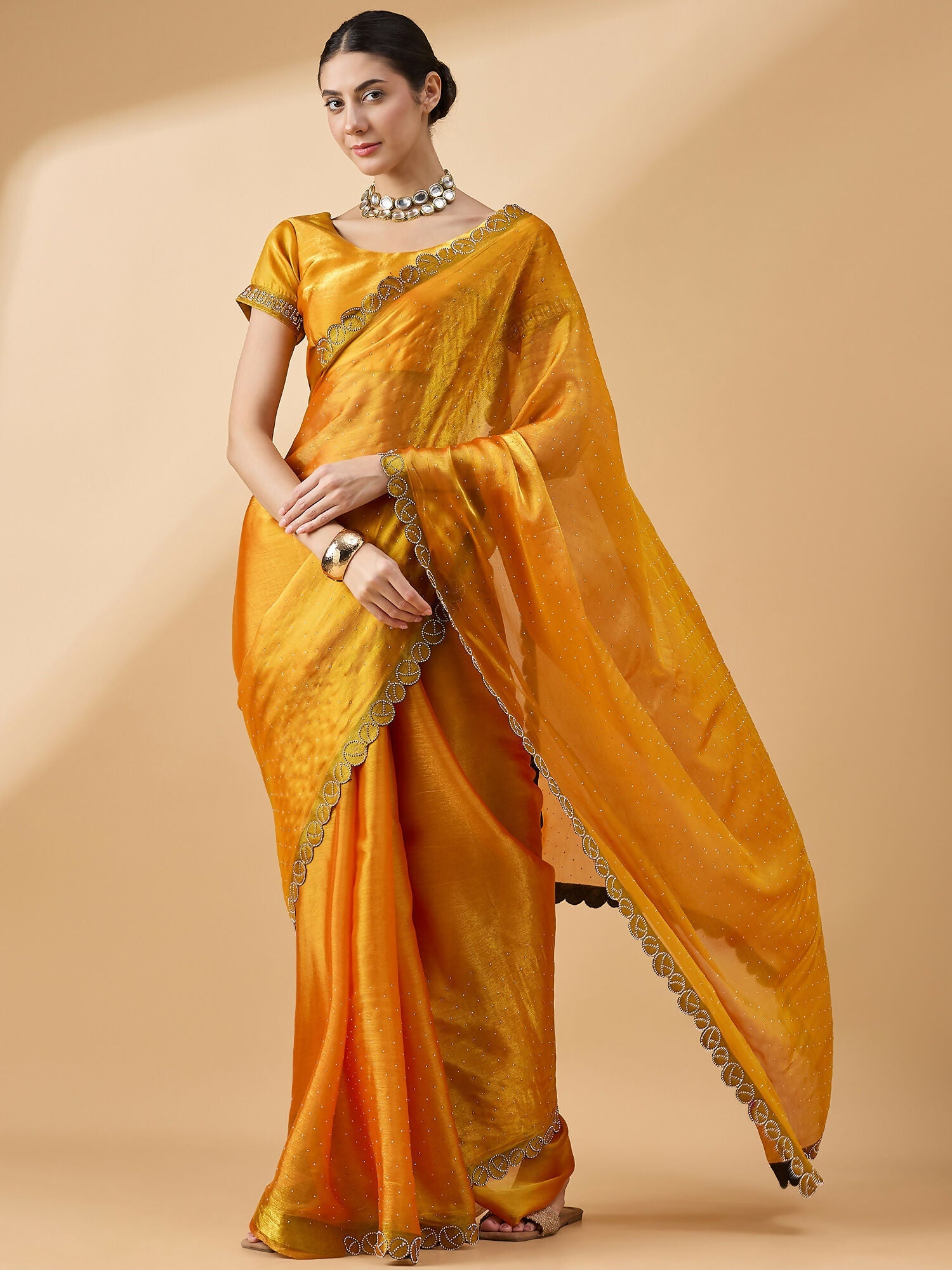 Mustard Organza Swaroski Diamond Work Saree with Unstitched Blouse - Radha | Grocsy