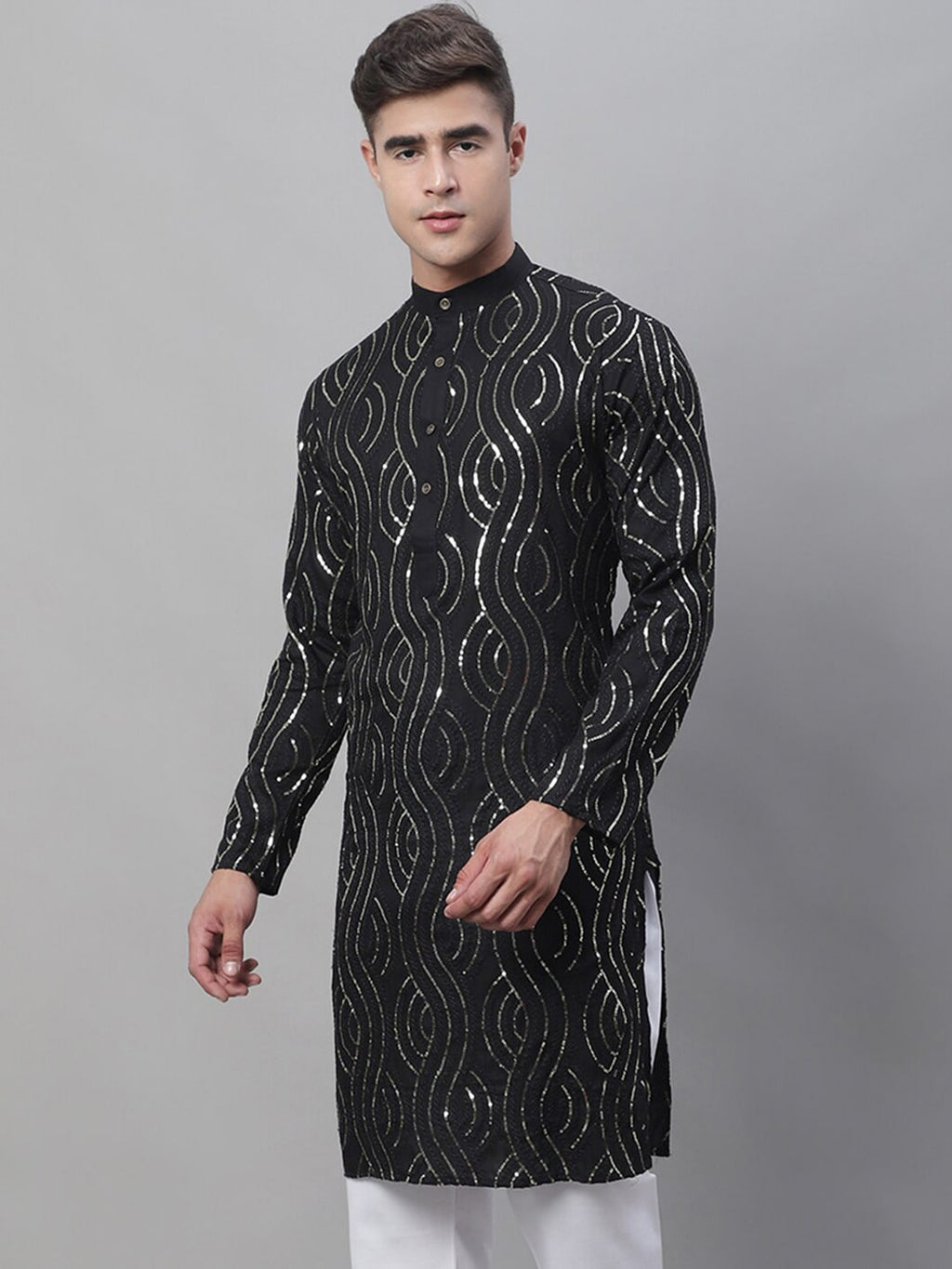 Sojanya Sequined Mandarin Collar Pure Cotton Kurta | Grocsy