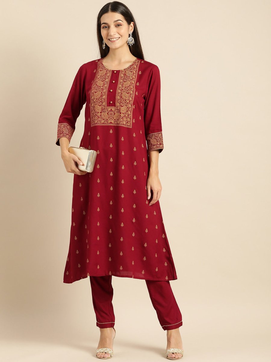 All About You Women Maroon Printed Kurta with Trousers | Grocsy