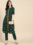 All About You Women Green & Brown Floral Printed Regular Pure Cotton Kurta with Trousers | Grocsy