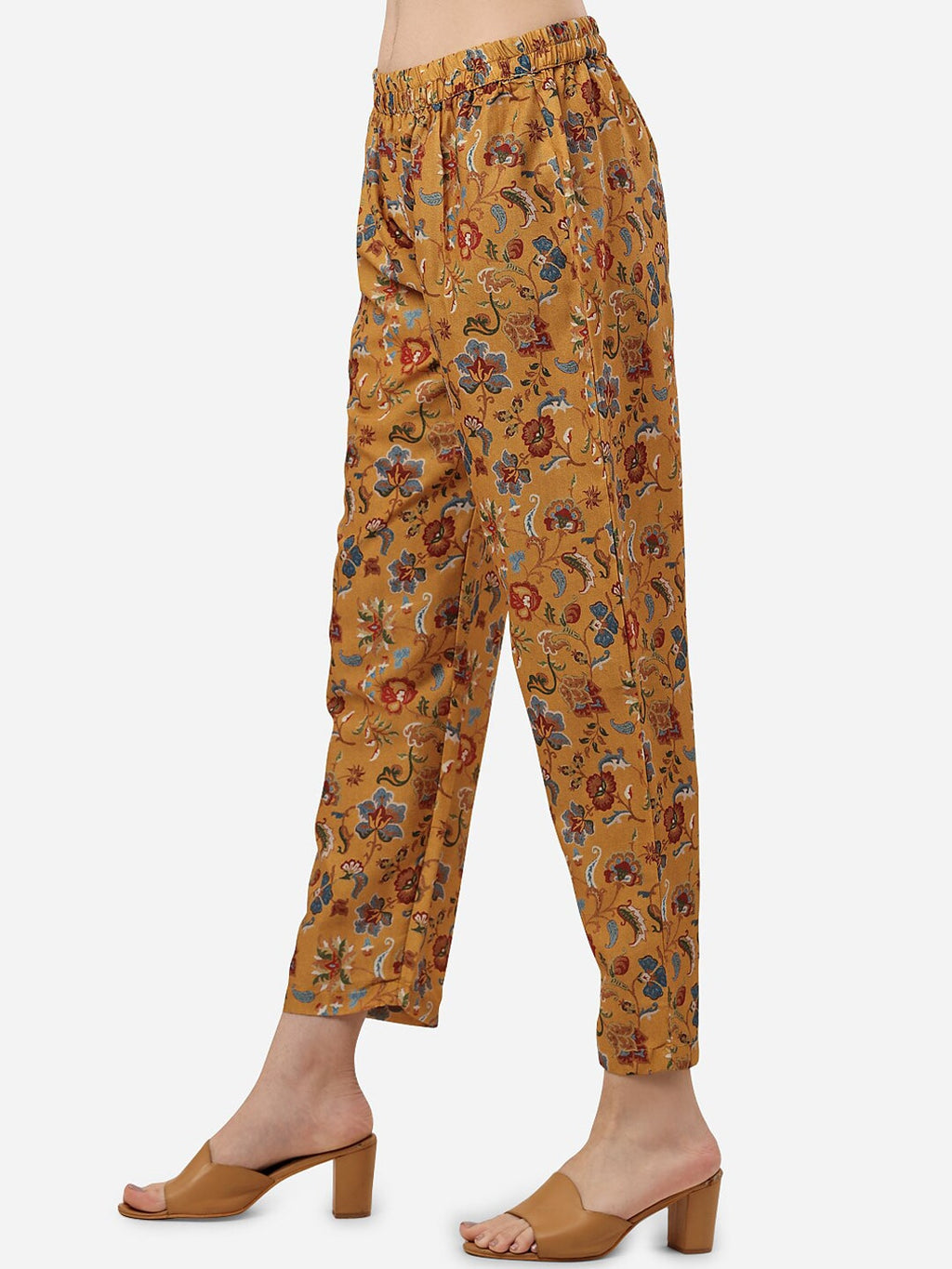 HERE&NOW Women Mustard Yellow Floral Printed Kurti with Trousers | Grocsy