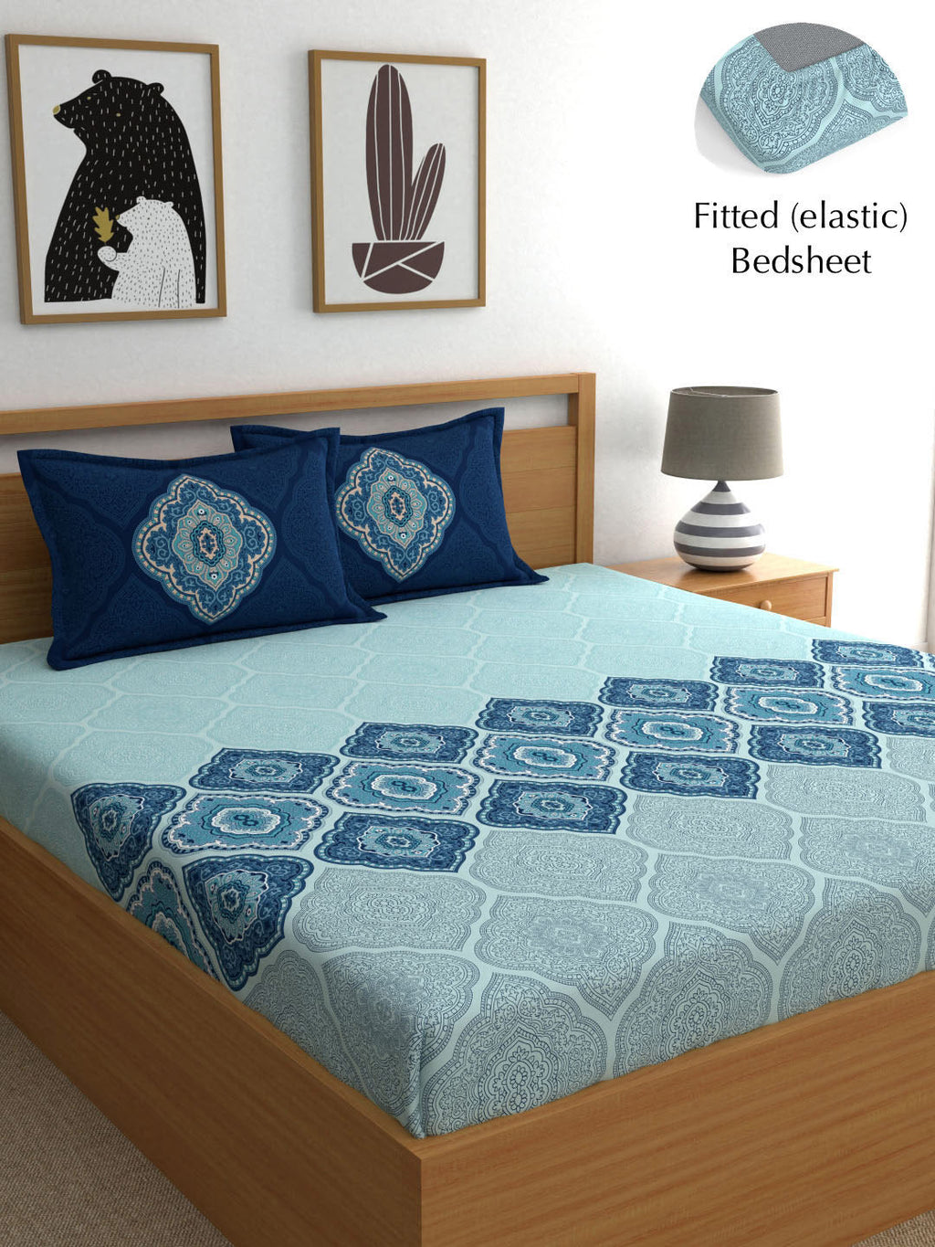 Dreamscape Blue Ethnic Motifs 140 TC Fitted Cotton King Bedsheet & Pillow Covers | Grocsy