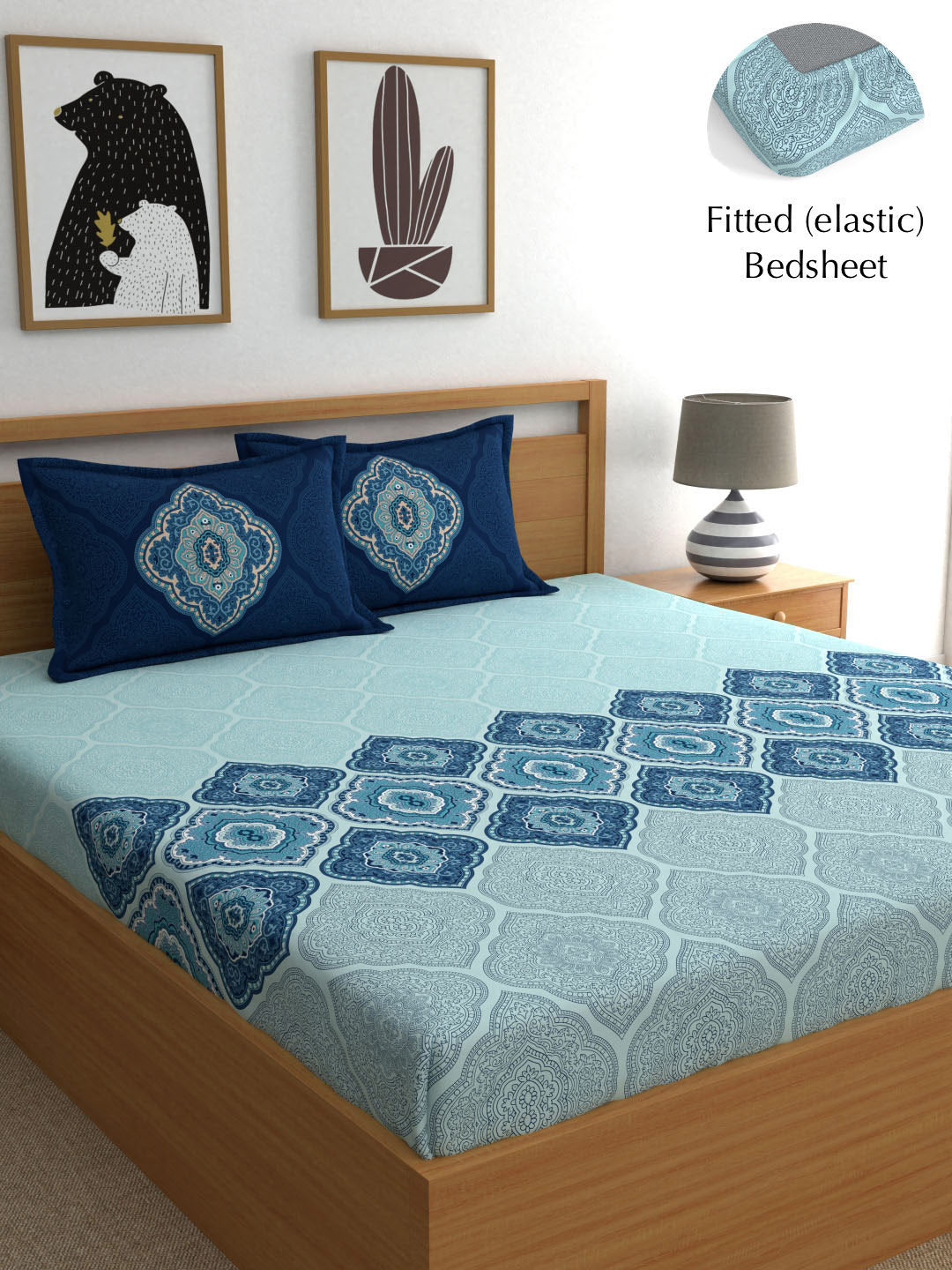Dreamscape Blue Ethnic Motifs 140 TC Fitted Cotton King Bedsheet & Pillow Covers | Grocsy
