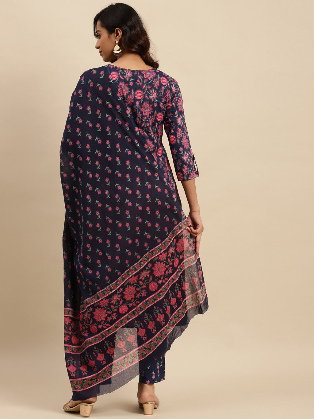 Sangria Navy Blue Floral Printed Beads and Stones Pure Cotton Kurta With Trouser & Dupatta | Grocsy