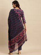 Sangria Navy Blue Floral Printed Beads and Stones Pure Cotton Kurta With Trouser & Dupatta | Grocsy