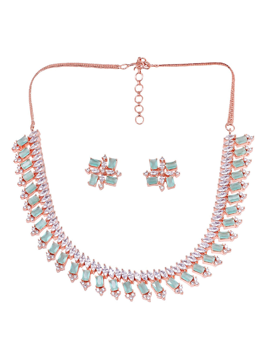 Saraf RS Jewellery Sea Green & Rose Gold-Polished American Diamond Studded Jewellery Set | Grocsy