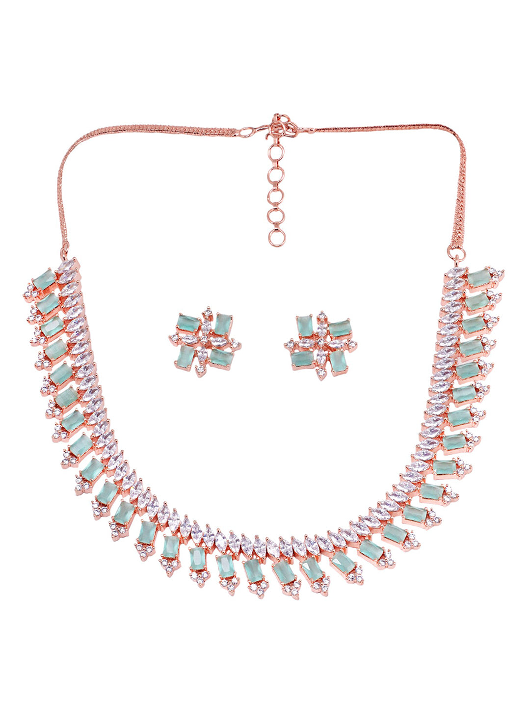 Saraf RS Jewellery Sea Green & Rose Gold-Polished American Diamond Studded Jewellery Set | Grocsy
