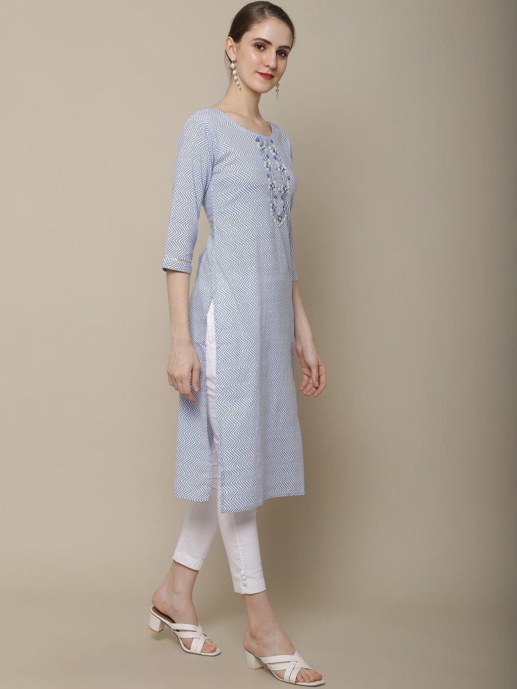 Sangria Women Lavender Geometric Printed Flared Sleeves Thread Work Kurta | Grocsy