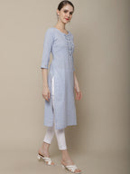 Sangria Women Lavender Geometric Printed Flared Sleeves Thread Work Kurta | Grocsy
