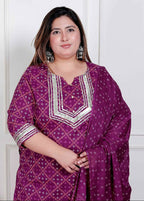 Miravan Plus Size Magenta Embroidered Cotton Kurta With Palazzo And Dupatta | Grocsy