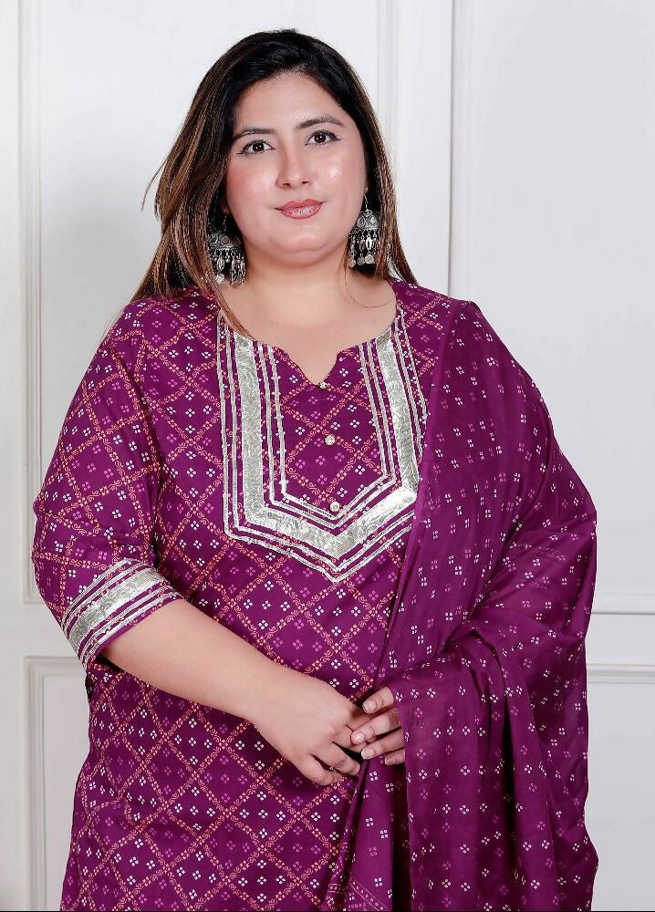 Miravan Plus Size Magenta Embroidered Cotton Kurta With Palazzo And Dupatta | Grocsy