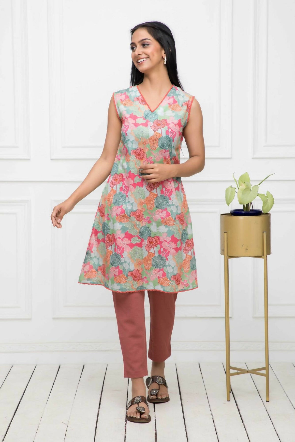 Myshka Women Multi Floral Rayon A-Line V-Neck Kurtis | Grocsy