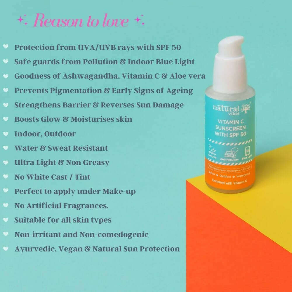Natural Vibes Vitamin C Sunscreen SPF 50 + - UVA/UVB rays, Blue Light & Pollution Protection | Grocsy