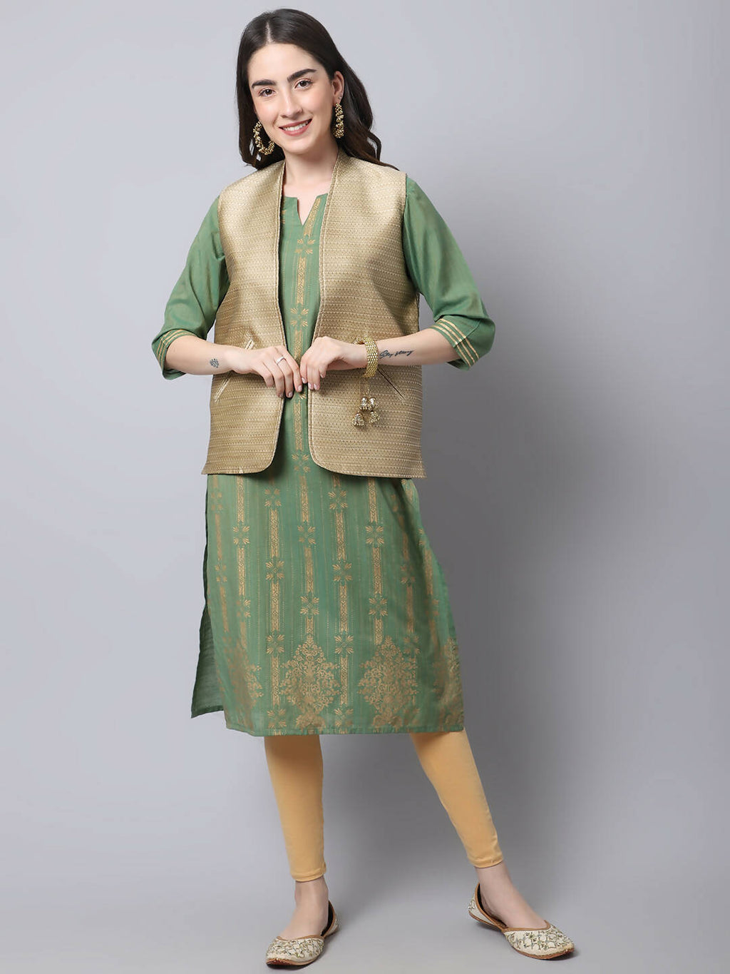 Even Apparels Beige Bansari Silk Open Front Gillet | Grocsy