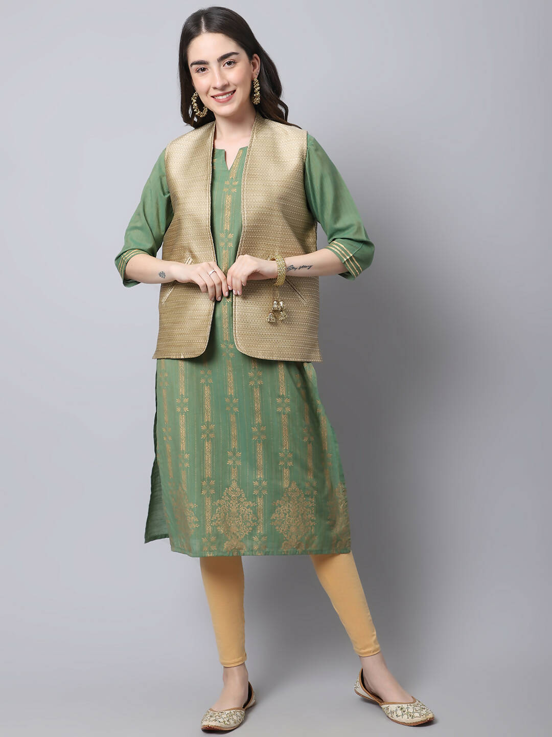 Even Apparels Beige Bansari Silk Open Front Gillet | Grocsy