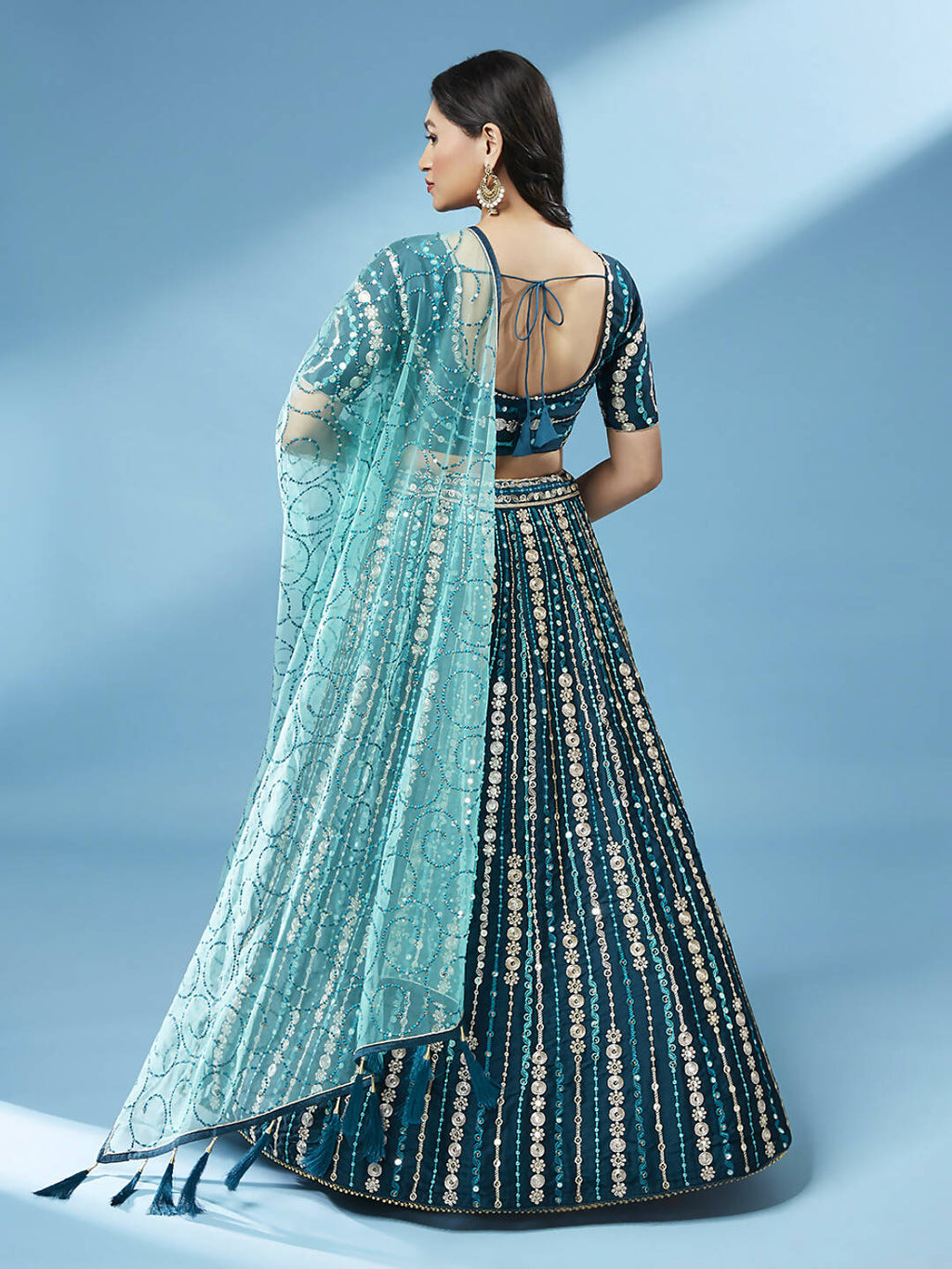 House of Panchhi Teal Pure Georgette Sequinse Work Lehenga & Blouse with Dupatta | Grocsy