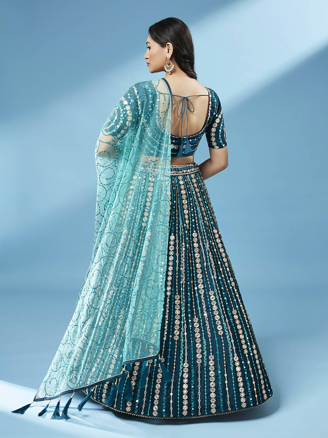 House of Panchhi Teal Pure Georgette Sequinse Work Lehenga & Blouse with Dupatta | Grocsy