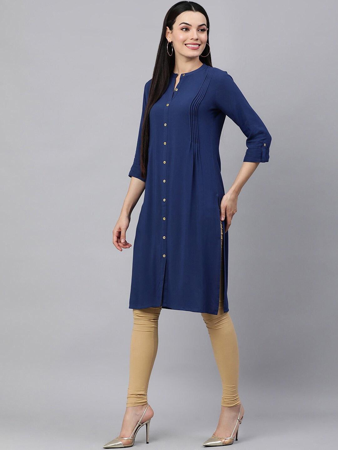 HERE&NOW Band Collar Roll UP Sleeves Knee Length Kurta | Grocsy