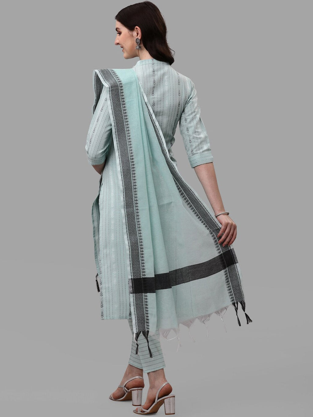 HERE&NOW Turquoise Blue Striped Regular Pure Cotton Kurta With Trousers & Dupatta | Grocsy