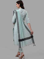 HERE&NOW Turquoise Blue Striped Regular Pure Cotton Kurta With Trousers & Dupatta | Grocsy