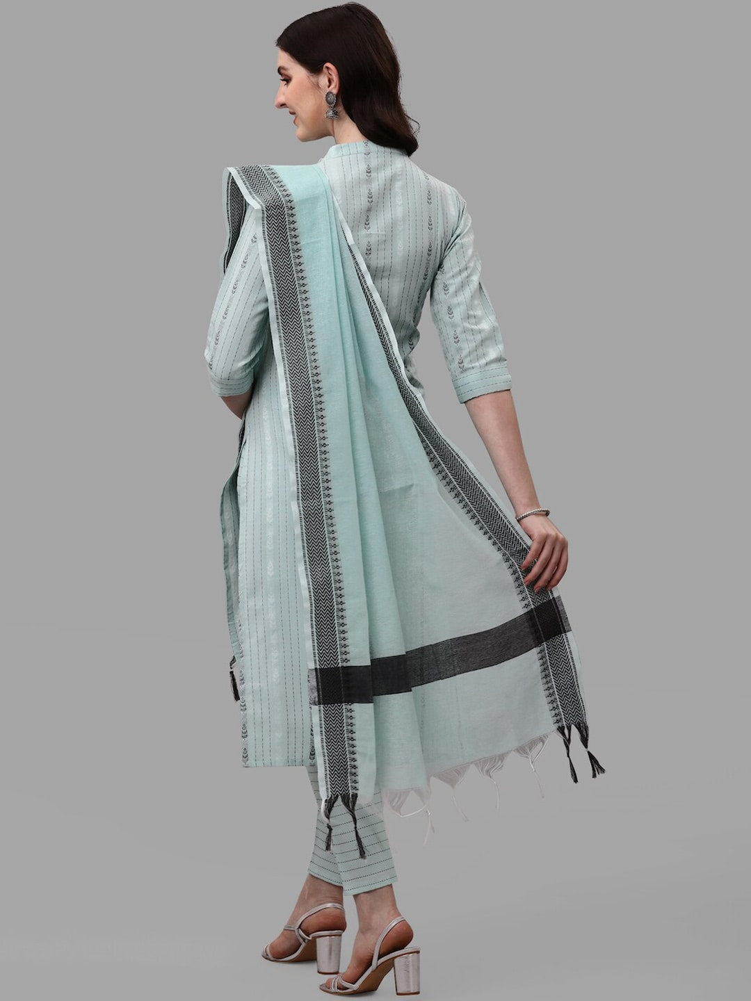 HERE&NOW Turquoise Blue Striped Regular Pure Cotton Kurta With Trousers & Dupatta | Grocsy