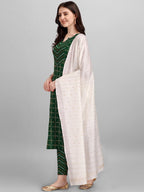 HERE&NOW Green & White Geometric Printed Pure Cotton Kurta With Trousers & Dupatta | Grocsy