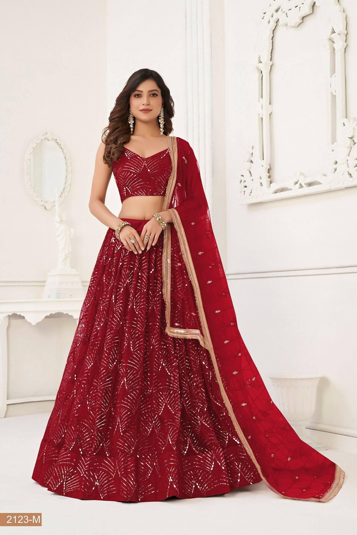 Eilara Maroon Thread Sequin Embroidered Net Lehenga Set | Grocsy