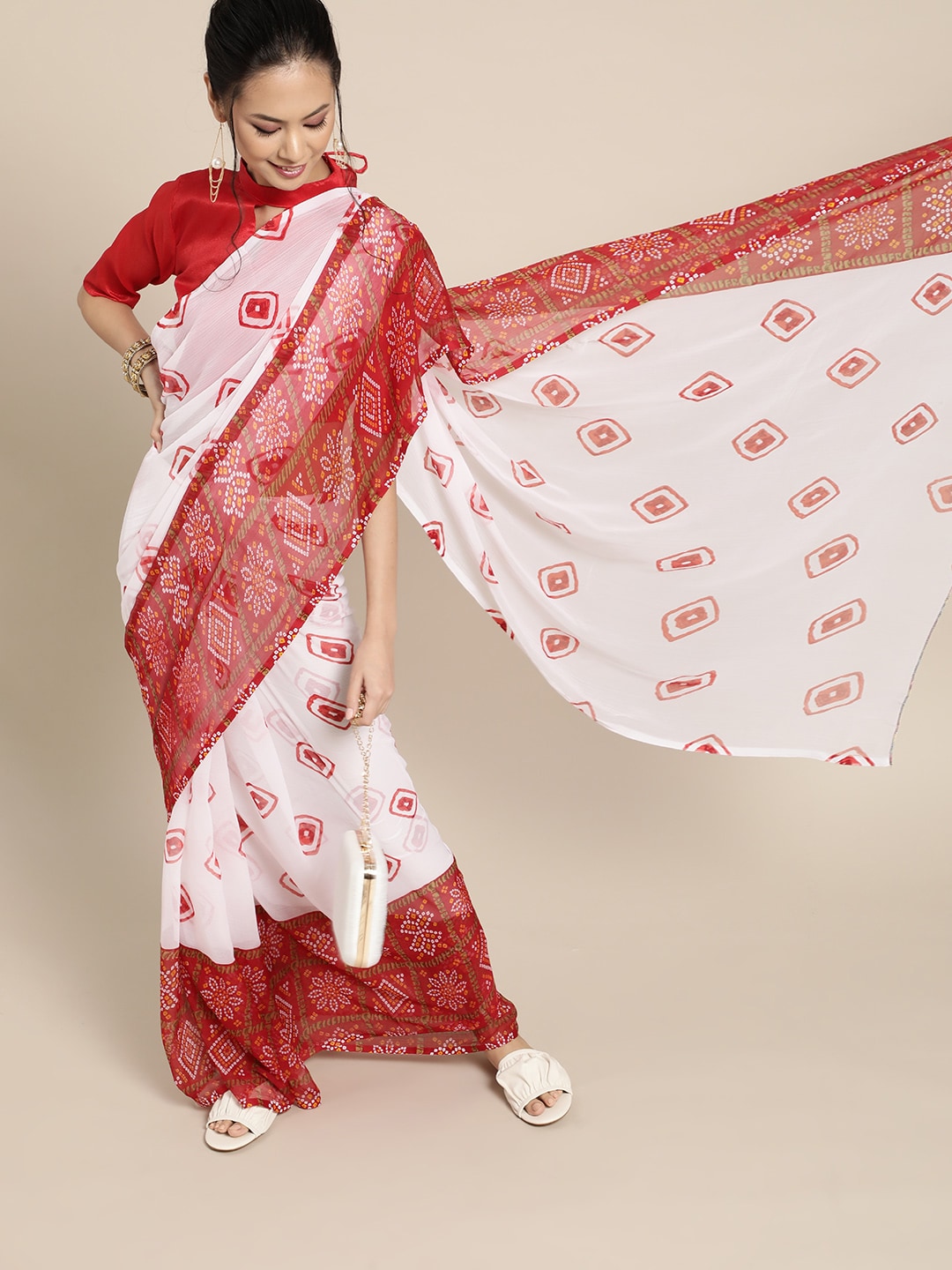 Saree Mall Bandhani Poly Chiffon Saree with Printed border | Grocsy