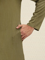 House of Pataudi Men Olive Green Striped Straight Kurta with Embroidered Detail | Grocsy