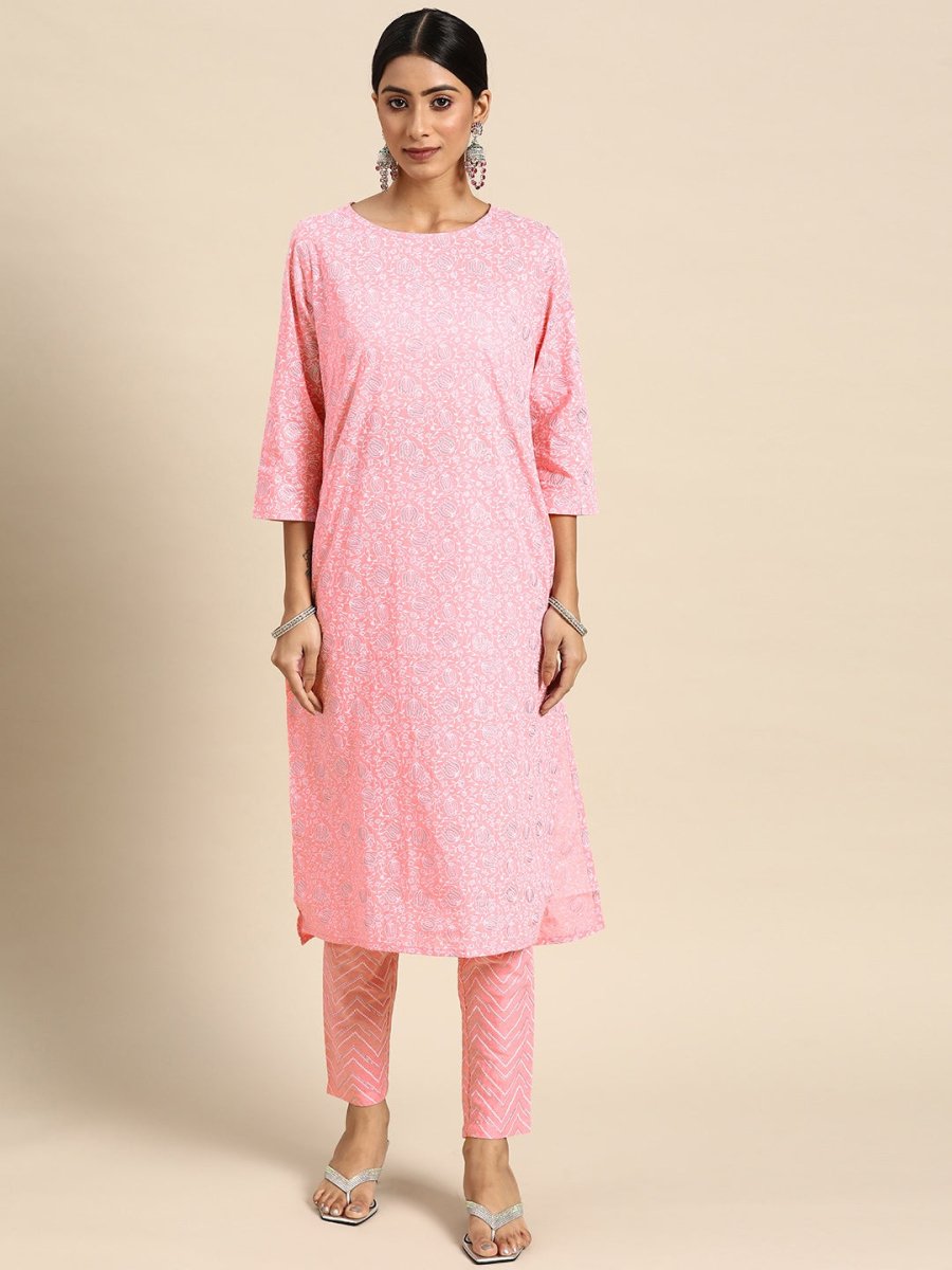 All About You Women Pink Ethnic Motifs Printed Pure Cotton Kurta with Trousers | Grocsy