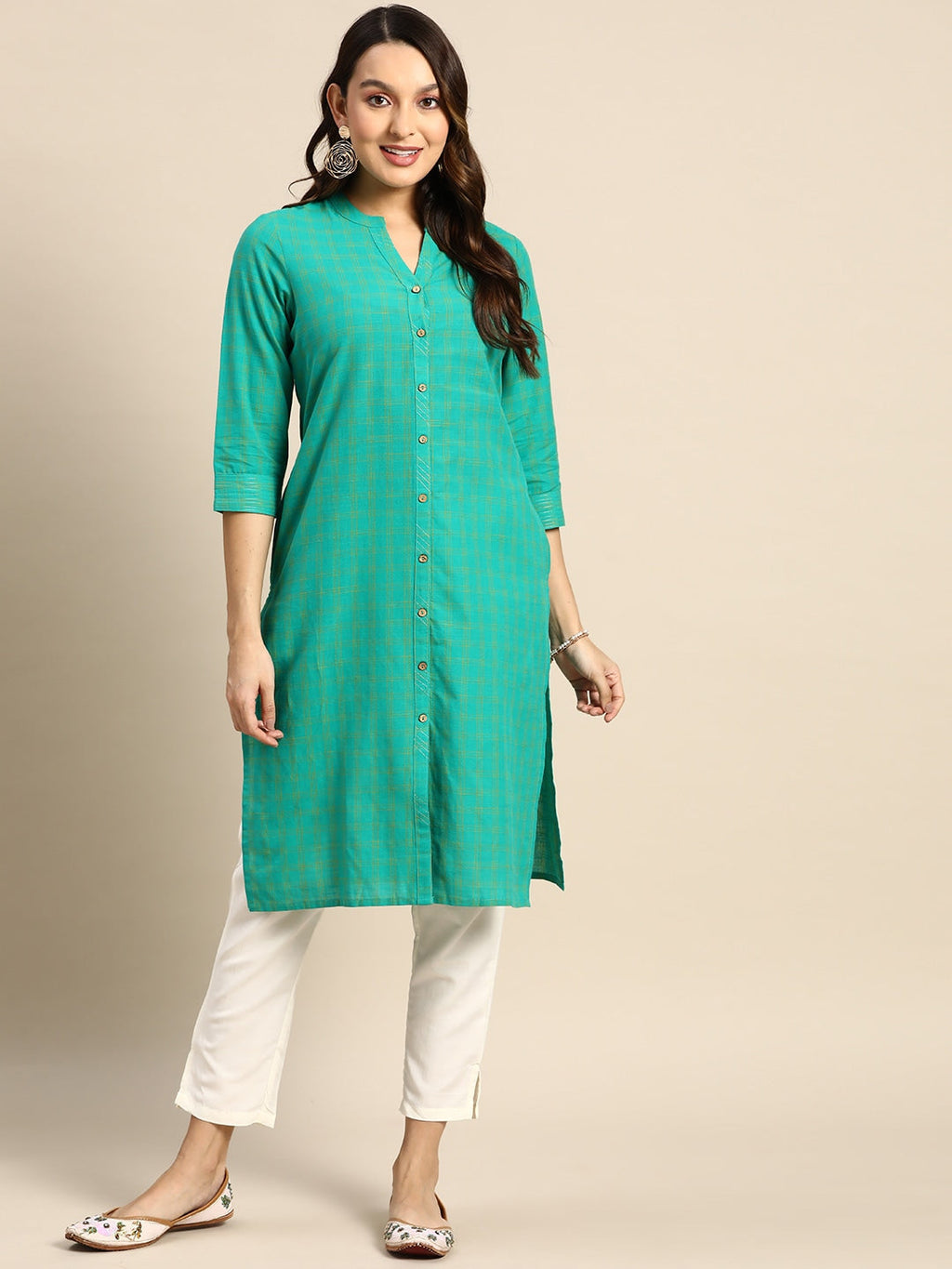 Sangria Checked Mandarin Collar Pure Cotton Kurta | Grocsy