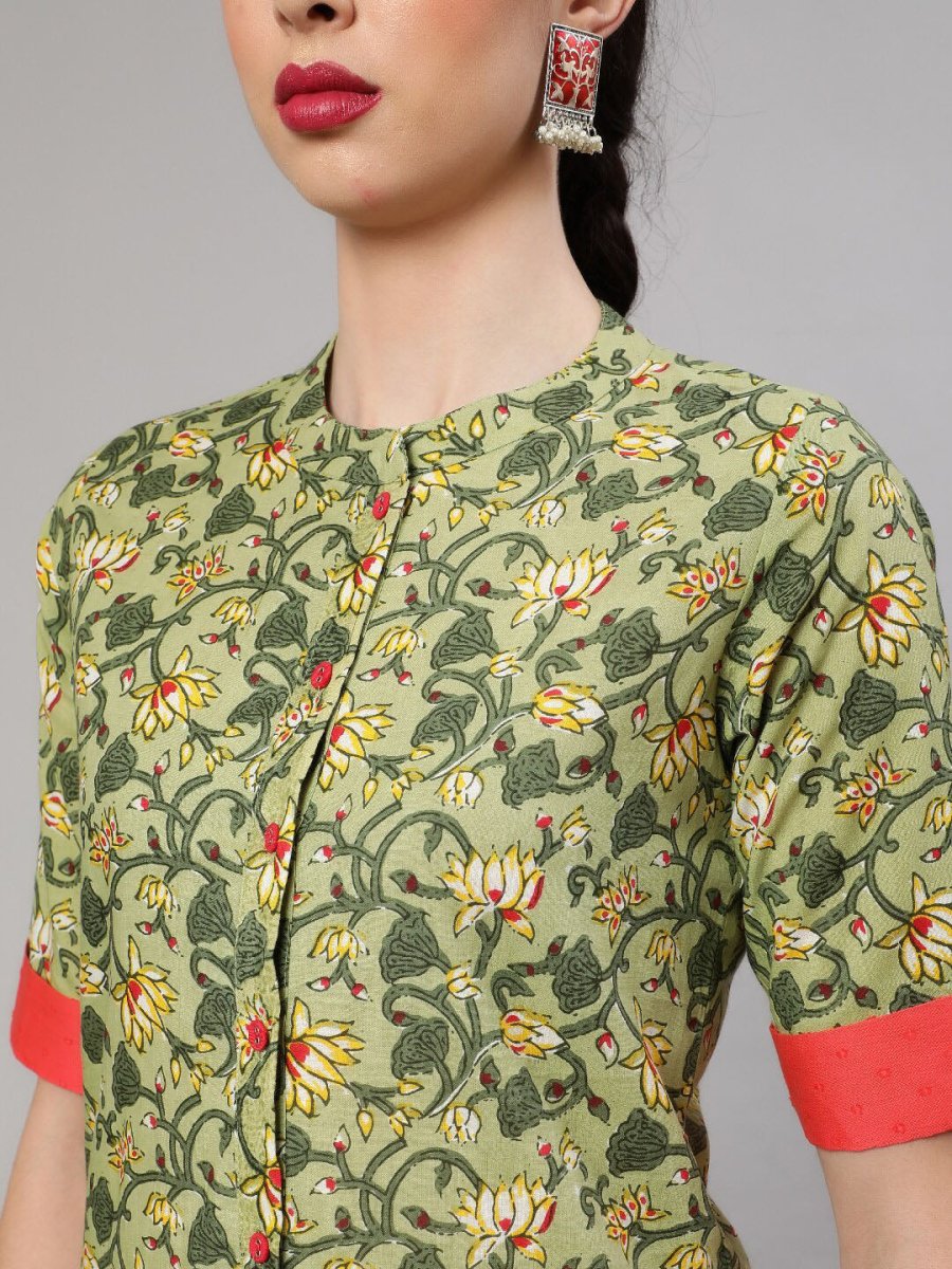 Aks Floral Printed Regular Pure Cotton Kurta With Trousers | Grocsy