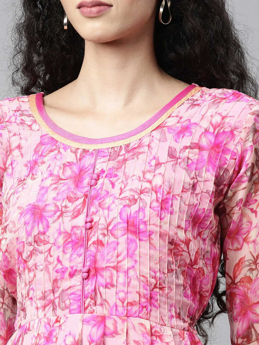 Souchii Beautiful Pink & peaches N Cream Floral Layered Chiffon Midi Dress | Grocsy