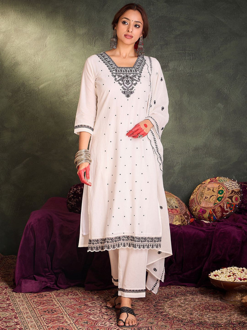 Indo Era Floral Embroidered Thread Work Pure Cotton Kurta With Trousers & Dupatta | Grocsy