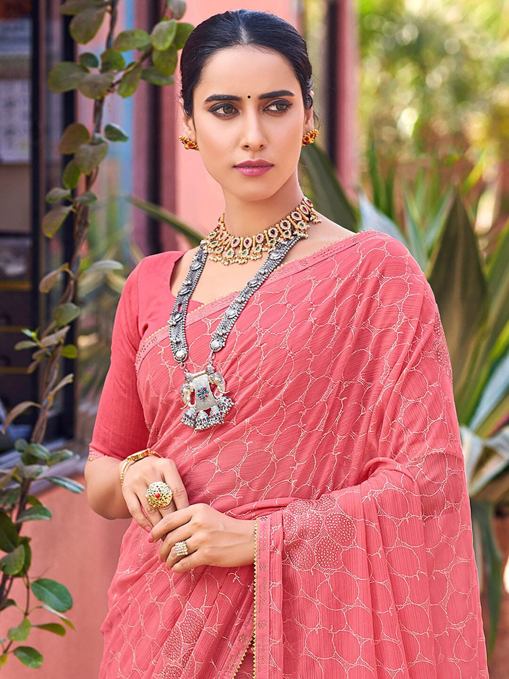 Saree Mall Abstract Printed Beads And Stones Pure Georgette Sarees | Grocsy