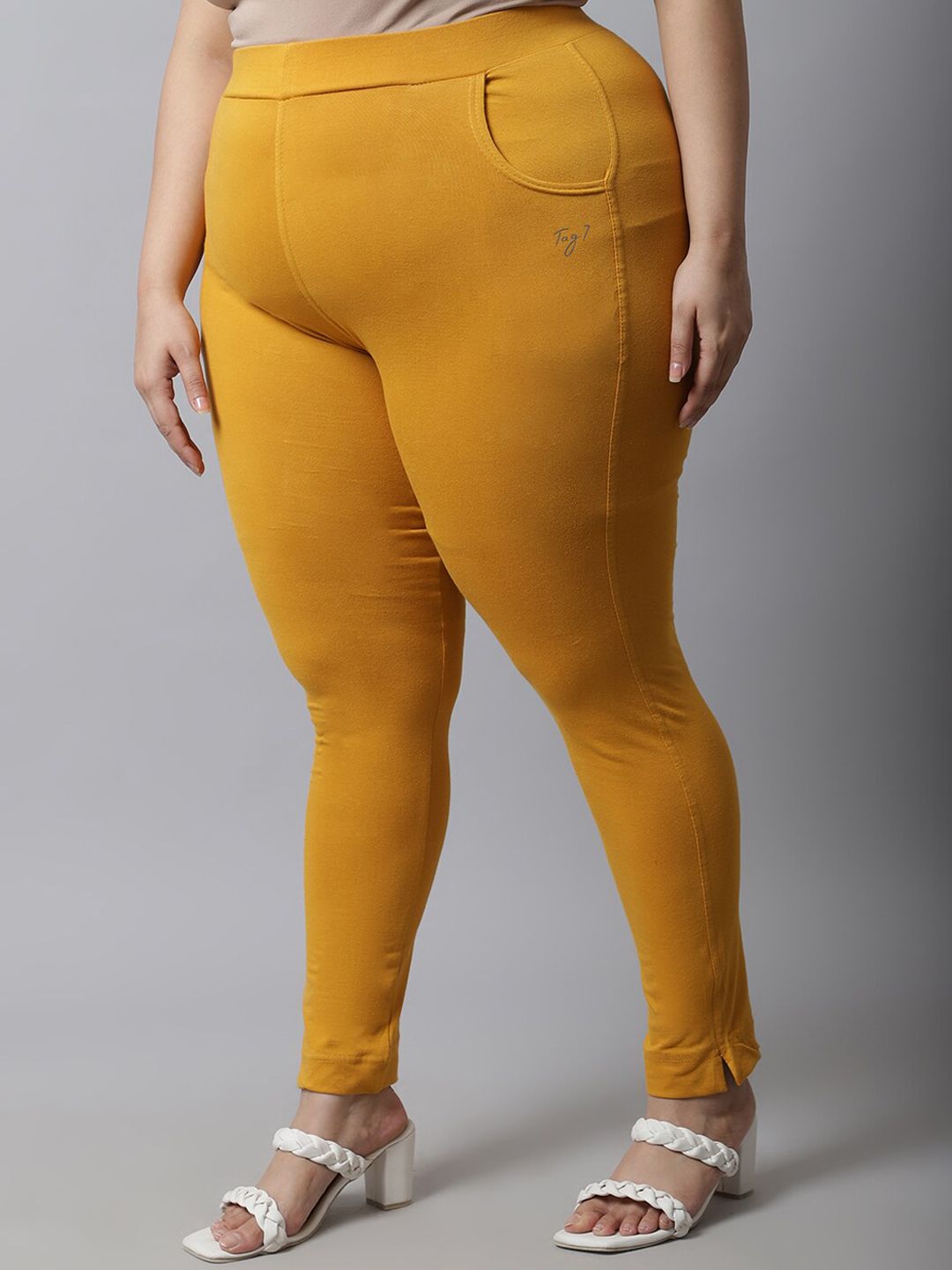 TAG 7 Women Plus Size Mustard Solid Leggings | Grocsy