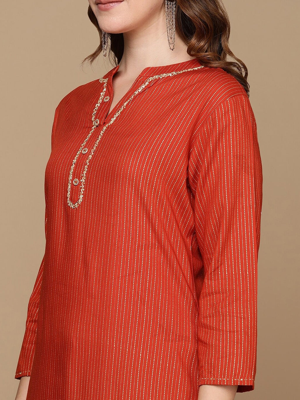 HERE&NOW Orange & Gold-Toned Mandarin Collar Striped Sequined Straight Kurta | Grocsy