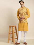 Sojanya Men Mustard Yellow Pure Cotton Kurta with Churidar & Nehru Jacket | Grocsy