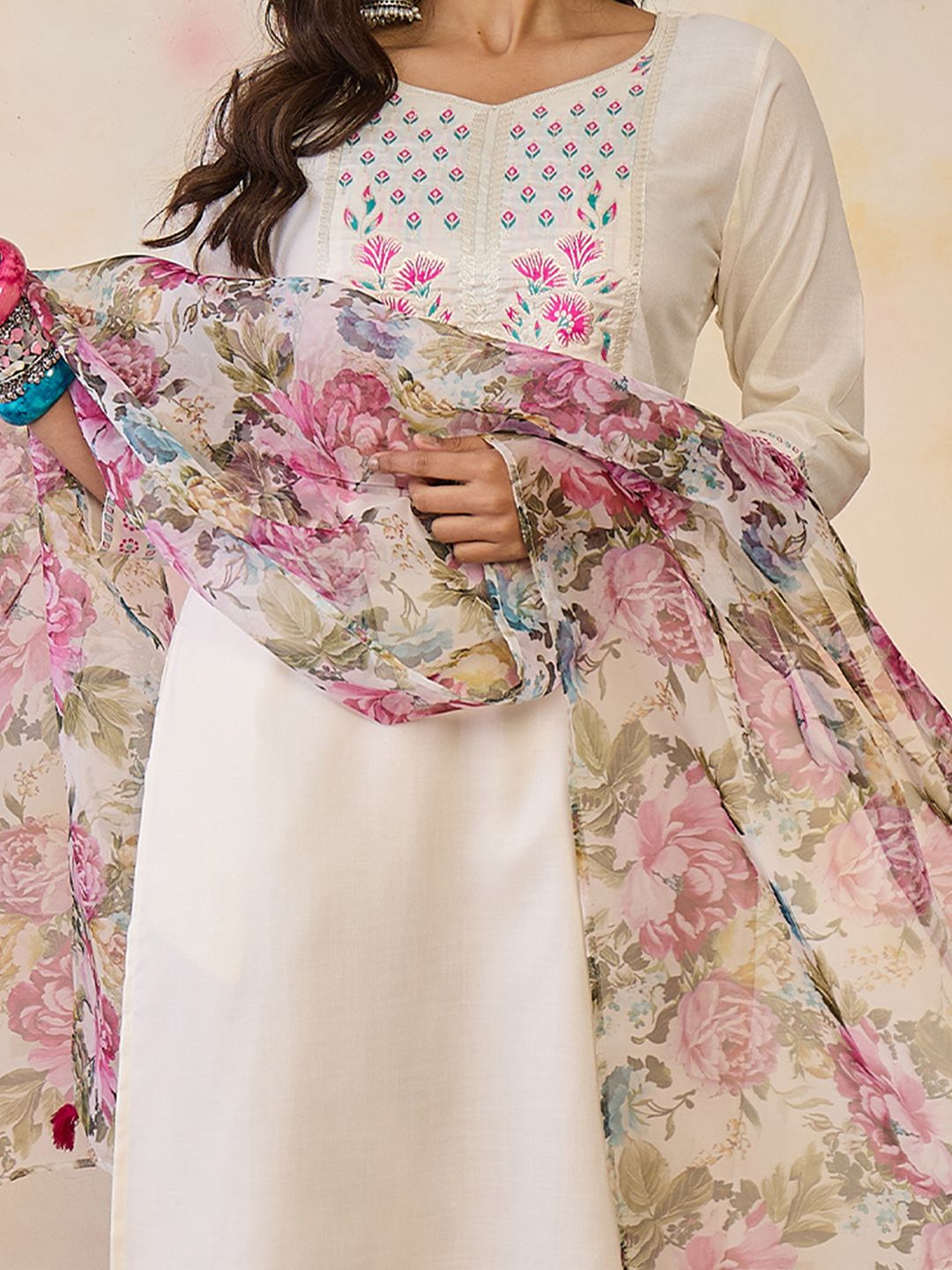 Indo Era Women Floral Yoke Design Regular Thread Work Pure Cotton Kurta with Trousers & With Dupatta | Grocsy
