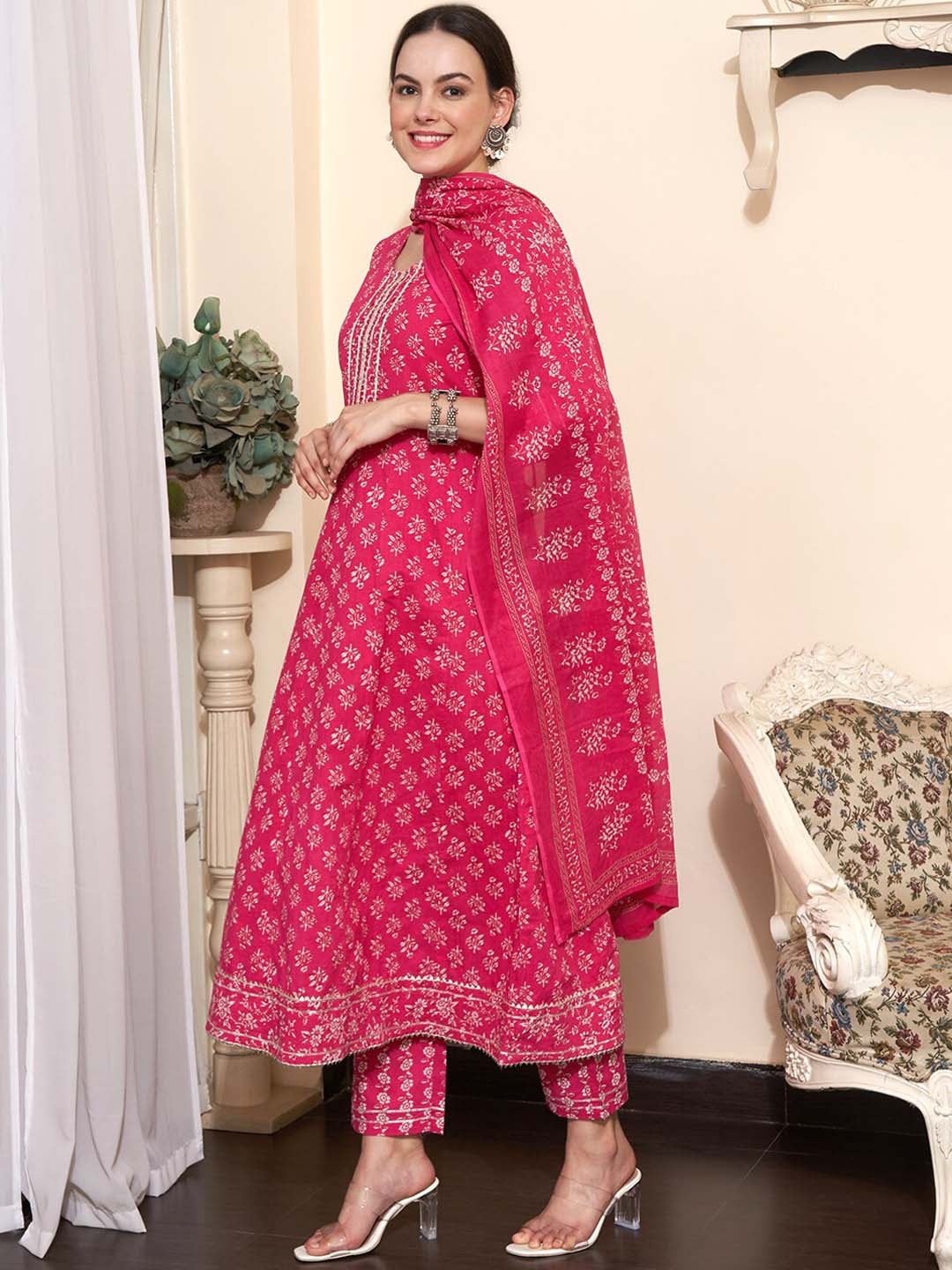 Sangria Printed & Embroidered Pure Cotton A-Line Kurta With Trouser & Dupatta | Grocsy