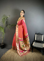 Joban Fashion Rose Pink Peacock & Floral Motifs Soft Lichi Silk Kanchipuram Saree | Grocsy