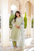 Vaasva Women Pista Green Linen Printed Kurta, Pant & Dupatta set | Grocsy