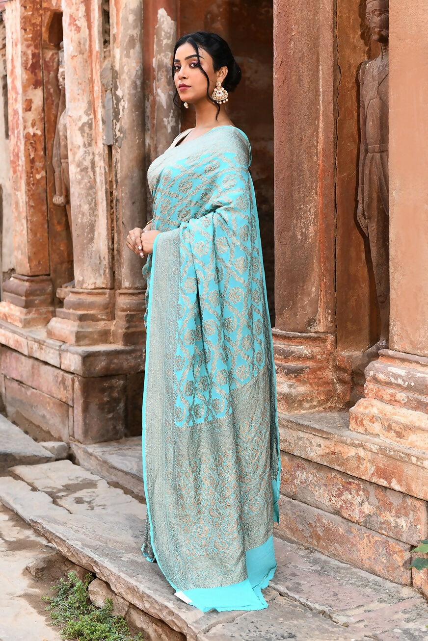 Joban Fashion Teal Green Crepe Chiffon Pure Handloom Banarasi Silk Saree | Grocsy