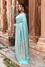 Joban Fashion Teal Green Crepe Chiffon Pure Handloom Banarasi Silk Saree | Grocsy