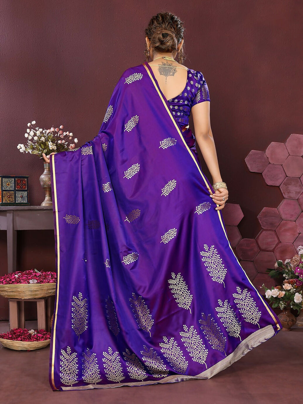 Joban Fashion Purple Floral Motifs Banarasi Silk Sarees | Grocsy