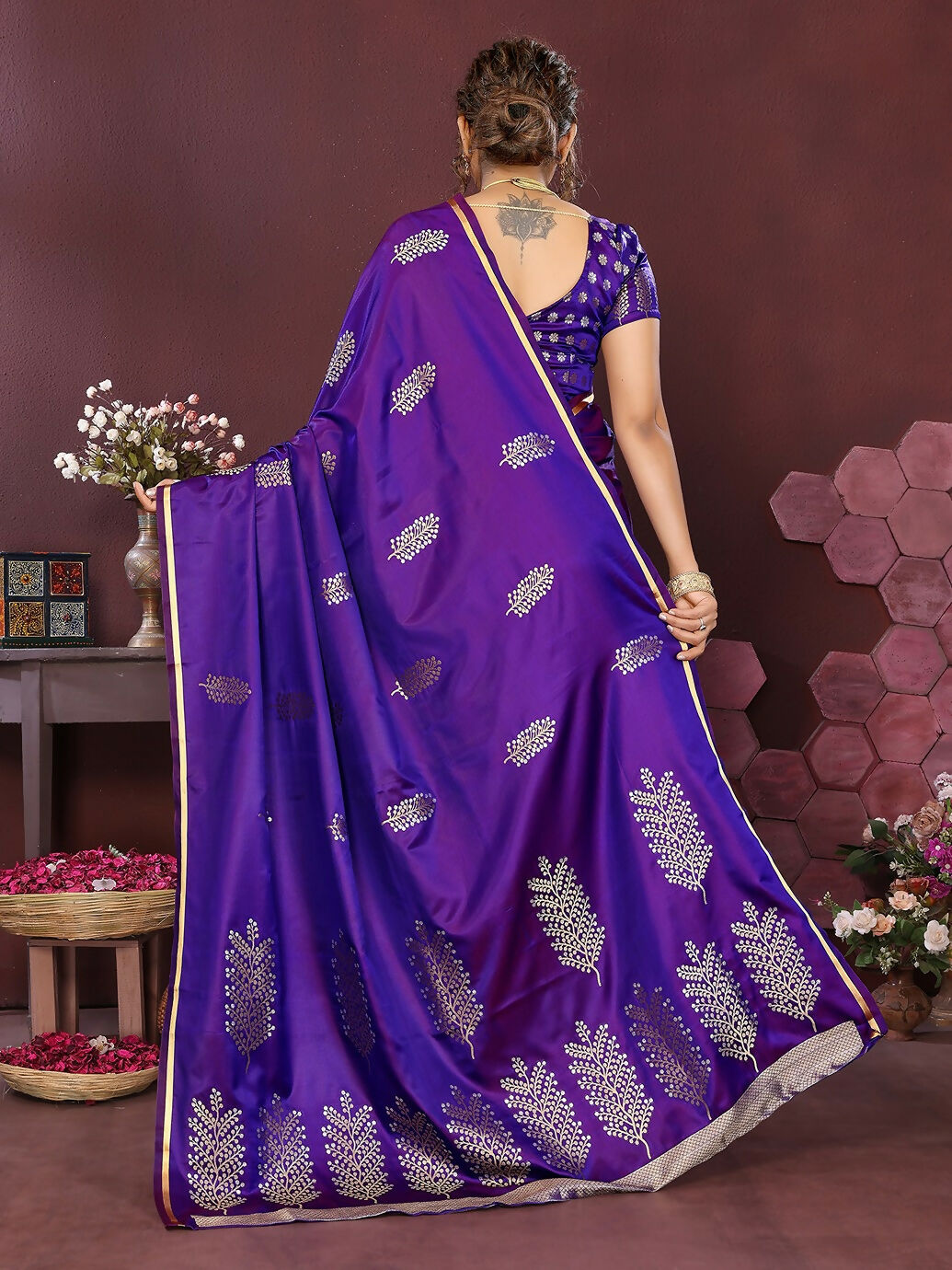 Joban Fashion Purple Floral Motifs Banarasi Silk Sarees | Grocsy