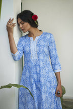 Blue Cotton Paisley Printed A line Kurta - Prasuti | Grocsy