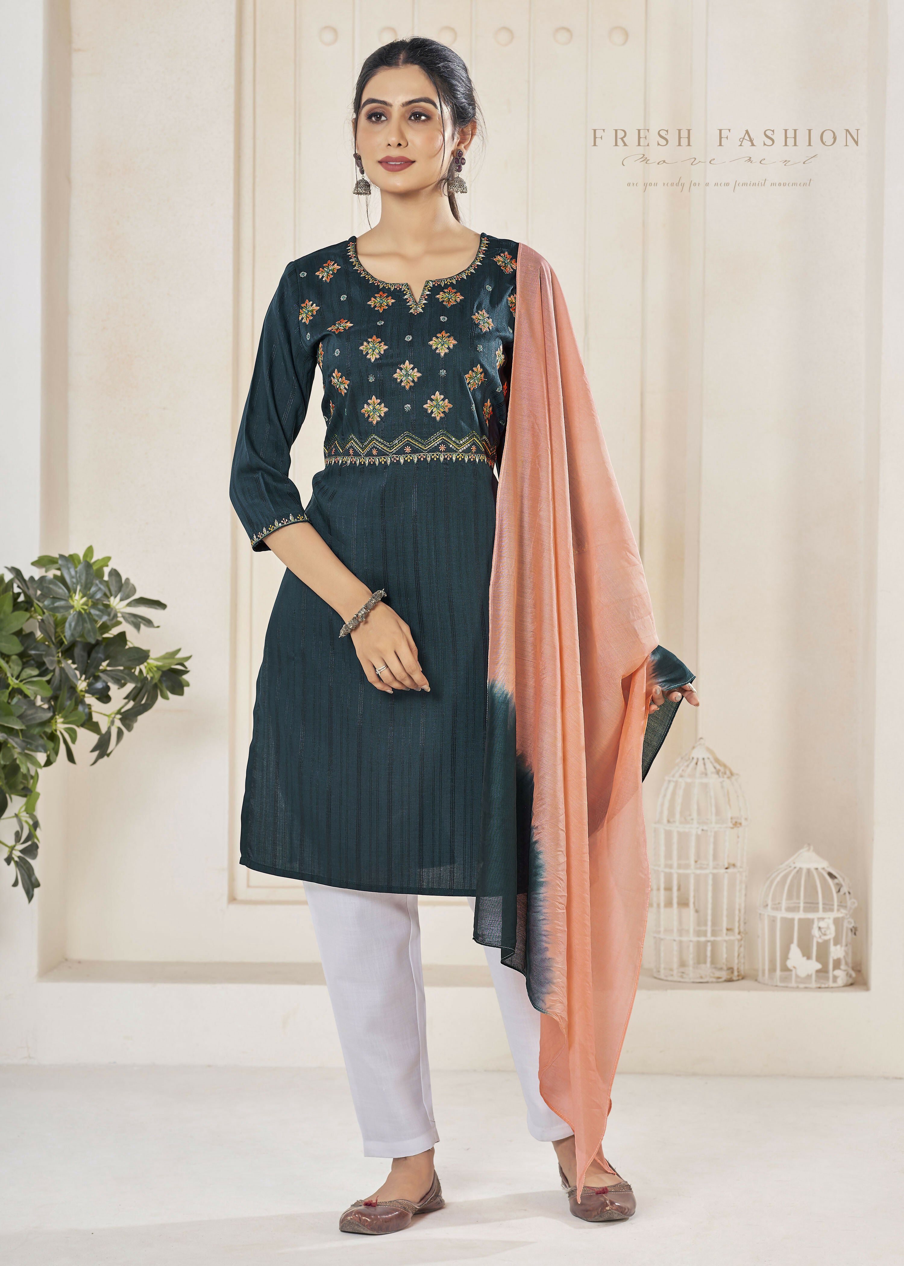 Jyoti Fashion Women's Morpich Pure Viscose Weaving Stripe with Embroidery Kurta Set | Grocsy