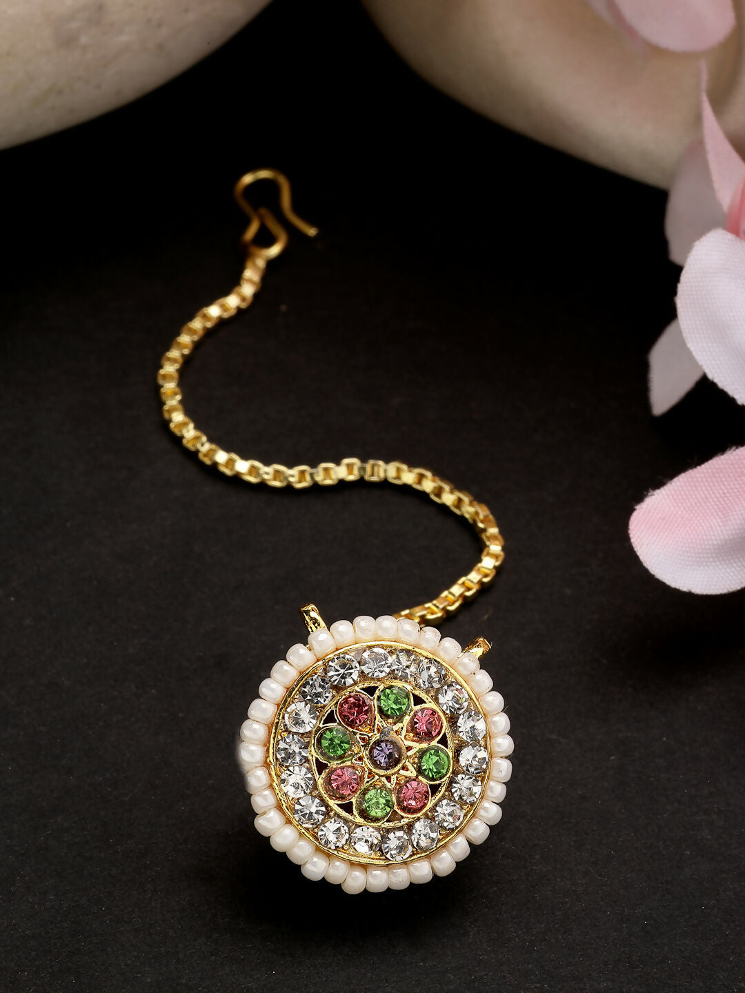 NVR Women's Multicolor CZ Stone-Studded Borla Maang Tikka | Grocsy
